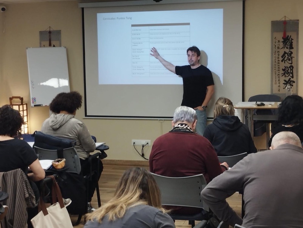 El profesor explica los puntos frente a la proyección